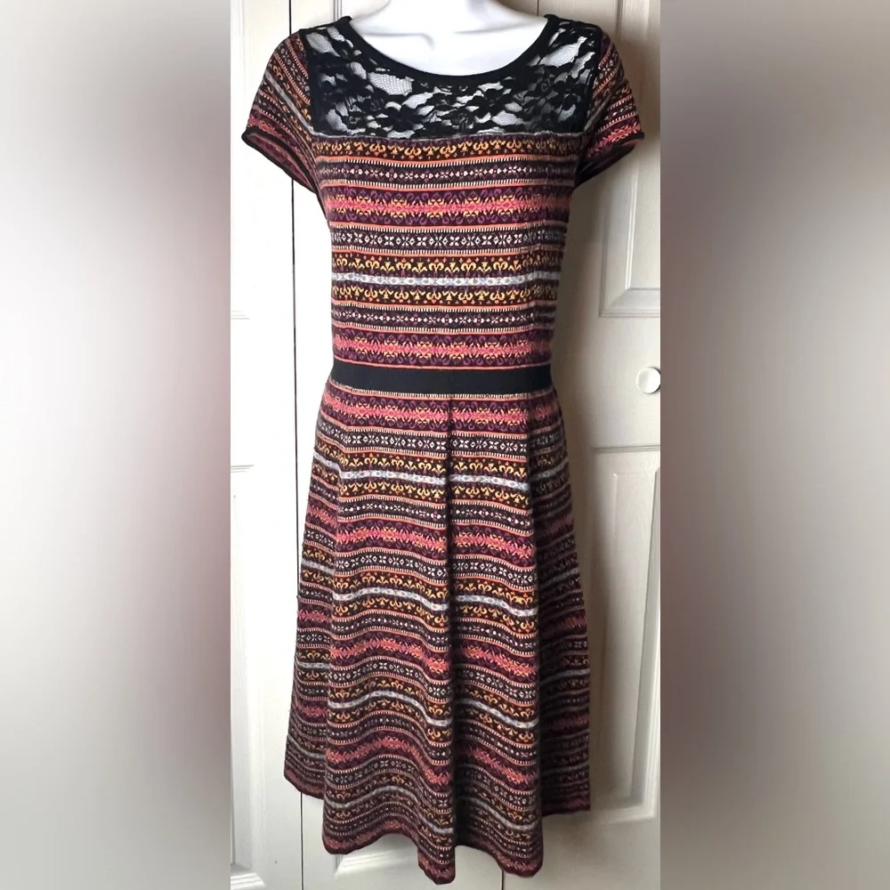 SPARROW Anthropologie Sweater Dress Boho Lace Cap Sleeve Orange Black Large